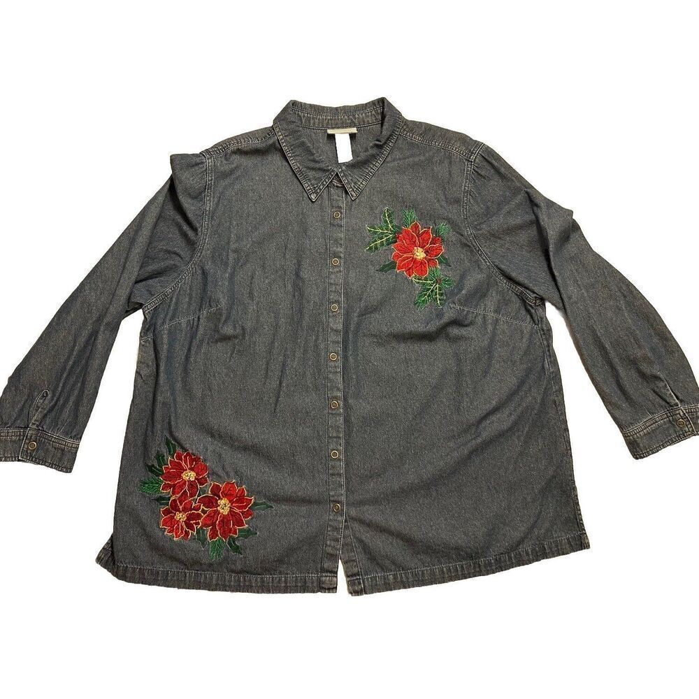 UGLY Christmas LIZ & ME Denim Embroidered Shirt Size 2XL Plus Red FAST SHIP